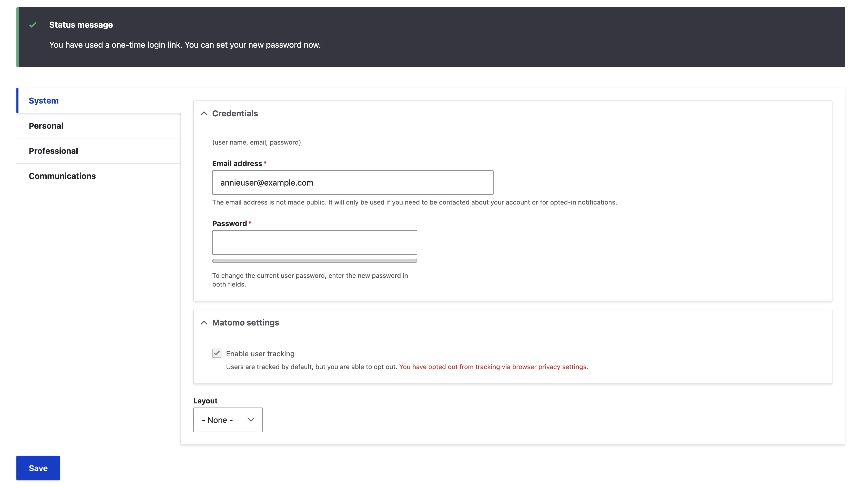 Snapshot of LEAF-VRE's user account page with the system tab opened in English taken on July 23, 2025